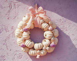 A pastel-colored Halloween wreath made of tiny cream pumpkins, pink ribbon, and candy-shaped ornaments hangs on a pale lilac wall with a delicate texture. Halloween