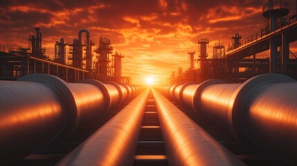 Symmetrical Industrial Pipeline System at Fiery Sunset. Perfect for illustrating energy, oil and gas, infrastructure, or environmental themes in corporate reports, industrial marketing