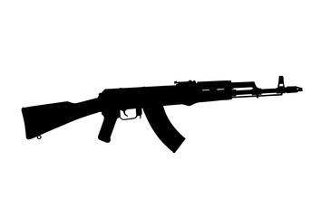 Fototapeta premium A silhouette of an ak assault rifle with a curved magazine on a plain white background display