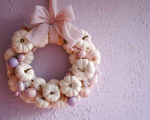A pastel-colored Halloween wreath made of tiny cream pumpkins, pink ribbon, and candy-shaped ornaments hangs on a pale lilac wall with a delicate texture. Halloween
