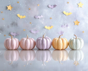 A set of pink, lilac, mint and butter yellow pumpkins laid out in a row on a reflective white surface, with tiny bats and stars hovering above them in the form of paper cutouts. Halloween