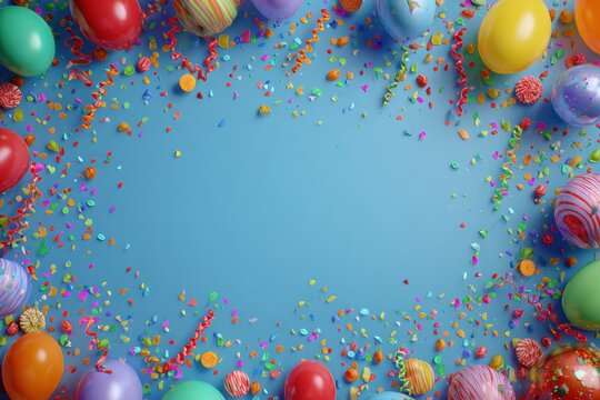 Colorful carnival and birthday celebration background featuring balloons, confetti, and festive decorations on a bright blue surface