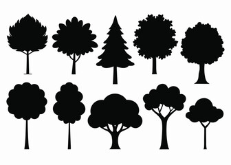 Fototapeta premium Set of 10 common urban or park tree silhouettes isolated on white background