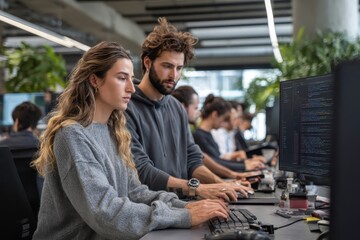 Collaboration of software developers engaged in coding and programming at a modern office in a vibrant urban setting during the day