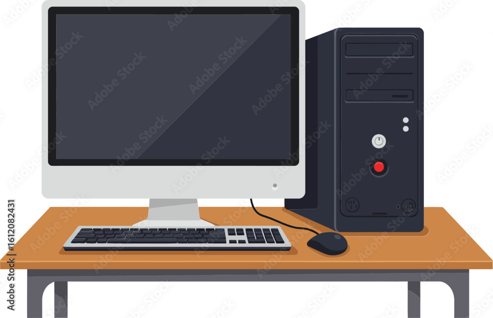 Fototapete desktop computer setup with monitor keyboard mouse and black tower on wooden table technology worksp