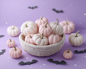 A composition of pastel pink and cream pumpkins in a soft cotton basket on a lavender background with light sequins and paper bats scattered nearby. Halloween. Autumn holiday. Carnival