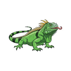 Vibrant Green Iguana Lizard with Spiky Crest and Extended Tongue Vector Sticker Art