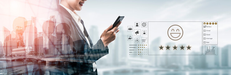 Customer feedback and satisfaction rating system showing star review, happy face, performance...