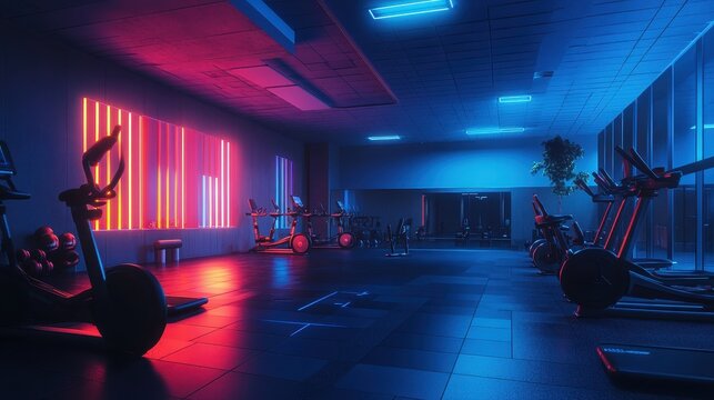 Neon-Lit Fitness Studio with Exercise Equipment in Modern Design