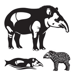 Set of 3 Tapir Silhouettes as a Herbivore Vector Icon Set