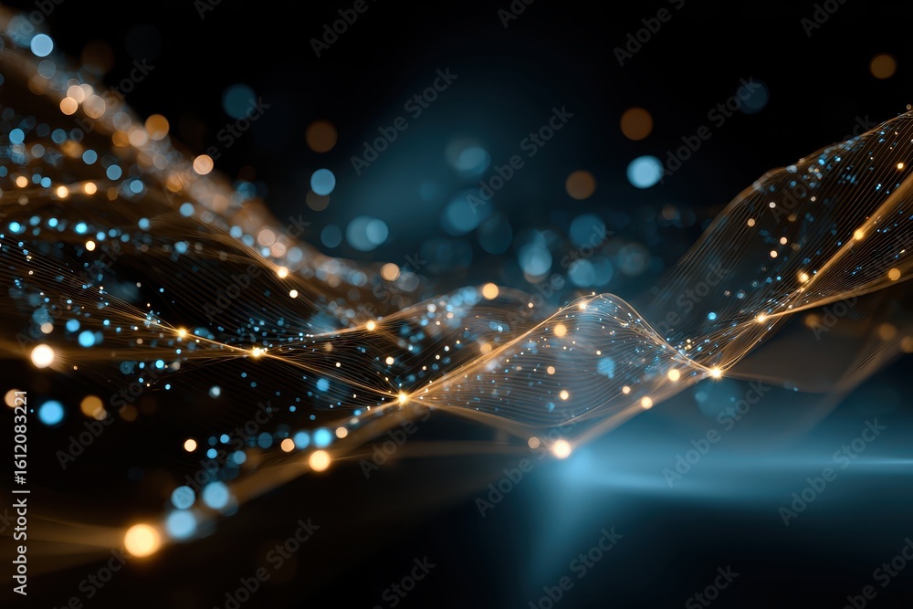 Poster abstract technology communication concept featuring luminous waves and particles in a digital landsc