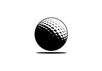 A black and white graphic of a golf ball with a shadow on a white background in a simple design style