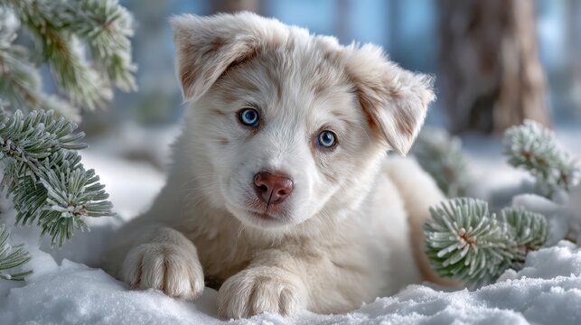 Fluffy white puppy with blue eyes sitting playfully