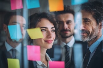 Business professionals collaborate to brainstorm innovative ideas using colorful sticky notes during a morning meeting in a modern office setting