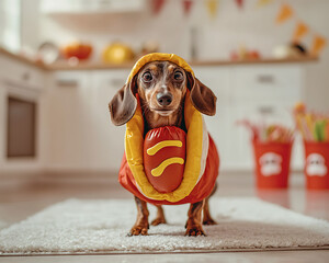 A dachshund dressed as a hot dog with ketchup and mustard, standing on a white rug in a Halloween-themed pastel kitchen with candy buckets and ghost stickers on the wall. Halloween. Autumn holiday. 