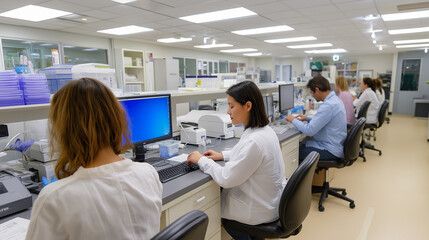 Obraz premium A busy molecular lab with technicians working at benches under LED lights