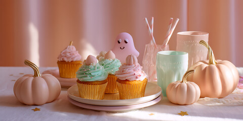 Cute Halloween table setting with pastel cupcakes, mini pumpkins and a pink ghost in the center on a white tablecloth with a soft mint and peach background, Halloween. Autumn Festival