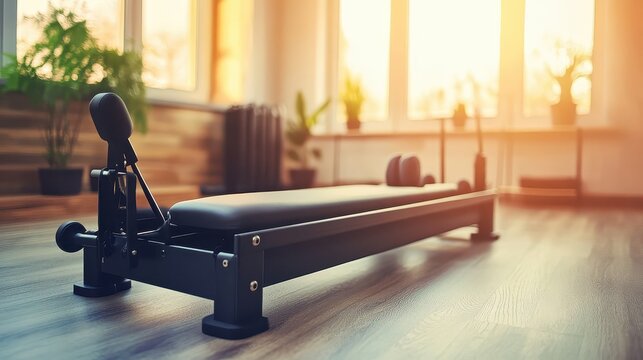 Pilates reformer in bright fitness studio for workout and exercise