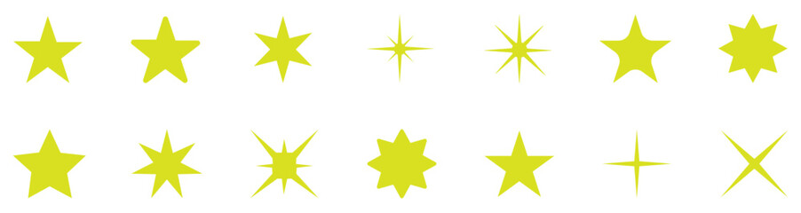 Star icons set in yellow color on white background.  Stars in modern flat style. Stars in modern simple flat style. Abstract star shape vector collection. Vector illustration