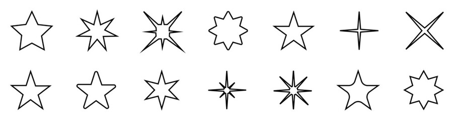 Star icons in outline style vector on white background. Stars in modern simple flat style.  Black set of Stars. Abstract star shape vector collection. Basic outlined and solid star shapes