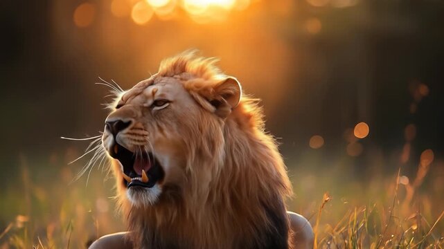 Majestic lion roars at golden sunset