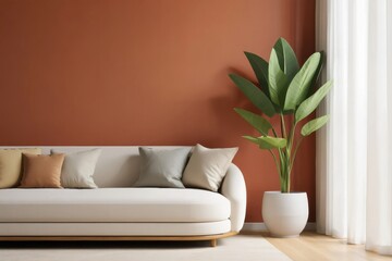 Modern living room with beige sofa and terracotta wall