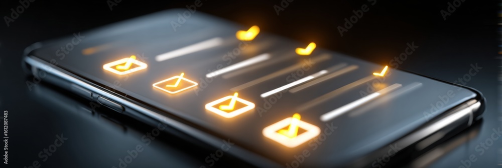 Poster self-improvement app interface showcasing glowing checklist features on smartphone with clear top th