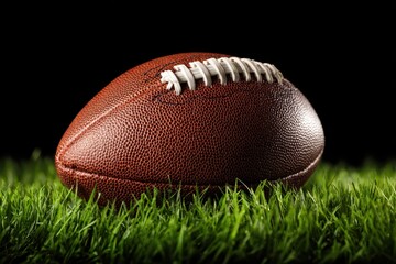 Obraz premium American football resting on vibrant green grass with a contrasting black background showcasing the texture and craftsmanship of the sport