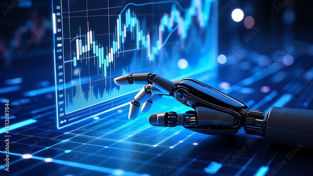 Poster robotic hand interacting with a futuristic financial data display
