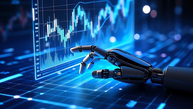 Robotic hand interacting with a futuristic financial data display