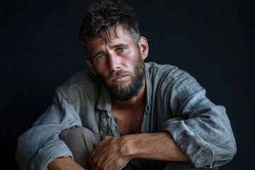 Obraz premium Homeless man with strong expression sitting on floor in dim environment showcasing a deep sense of struggle and despair