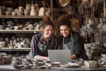 Young female ceramists collaborating on designs using a laptop in a pottery studio filled with crafted works and tools during daytime