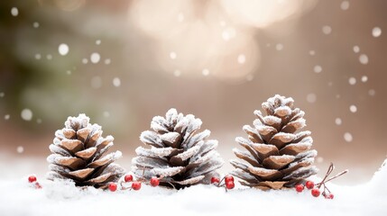 Snow-Dusted Pine Cones with Red Berries in Winter Wonderland Scene