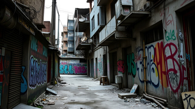 A gritty, abandoned urban alley featuring vibrant graffiti and dilapidated structures, capturing the rawness and decay of the inner city.