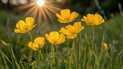 Fototapeta premium Sunlit Yellow Flowers Blooming in a Green Meadow Under Sunrise