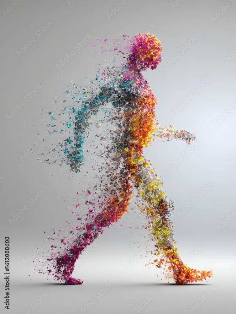 Poster human form in motion transforming into colorful neural data particles with a faded upper section