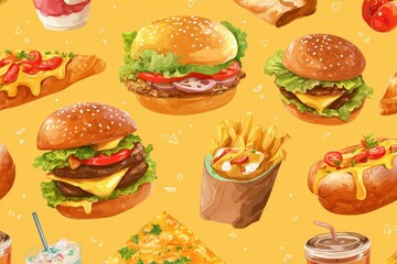 Colorful fast food vector seamless pattern featuring burgers, fries, pizza, and drinks on a vibrant yellow background