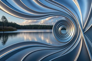 Swirls of Metal Reflecting Serene Lake and Trees at Sunset