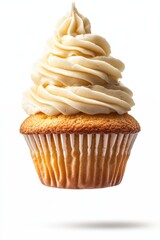 vanilla cupcake flying with buttercream swirl, isolated on white background