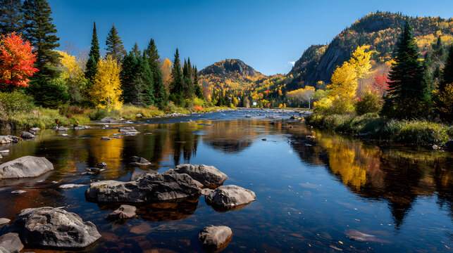 Magnificent colorful Fall day in Jacques Cartier river park, Quebec, Canada - Powered by Adobe