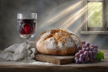 Intimate wine and bread still life with dramatic lighting