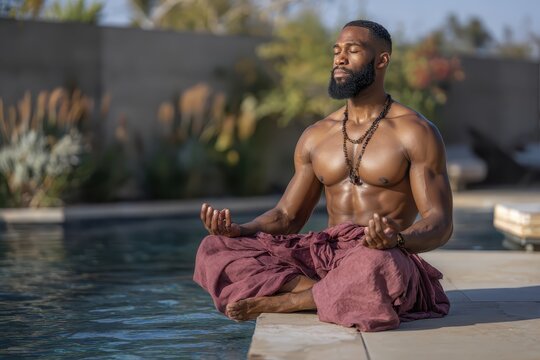 Meditating African American man finds peace by a tranquil pool on a sunny day, immersed in serenity and mindfulness, surrounded by nature's beauty