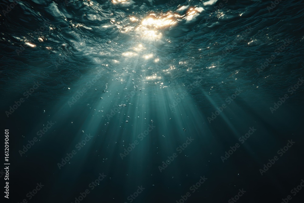 Poster sunlight pierces through calm water creating ethereal rays in a serene underwater environment at mid