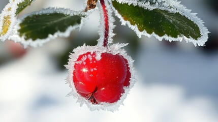 Obraz premium Frosty Red Berry on Branch with Icy Crystals in Winter Season
