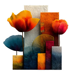Imaginary urban landscape filled with large colorful paper-textured flowers rising between surreal geometric towers in a vibrant 3D floral fantasy on a transparent background