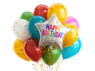  Colorful birthday balloons with Happy Birthday text on a transparent background