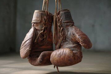 Worn leather boxing gloves hanging against a simple backdrop, showcasing the history and endurance of the sport in a timeless manner
