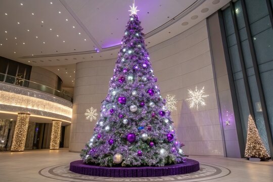 Stunning Purple Christmas Tree Decorated Inside Modern Building
