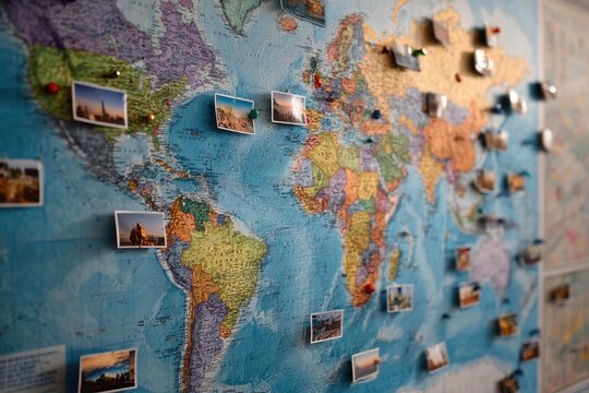 Colorful world map decorated with various travel photos capturing adventures from different countries and cultures