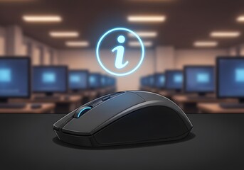 Information Technology: Wireless Computer Mouse and Information Icon in a Modern Office